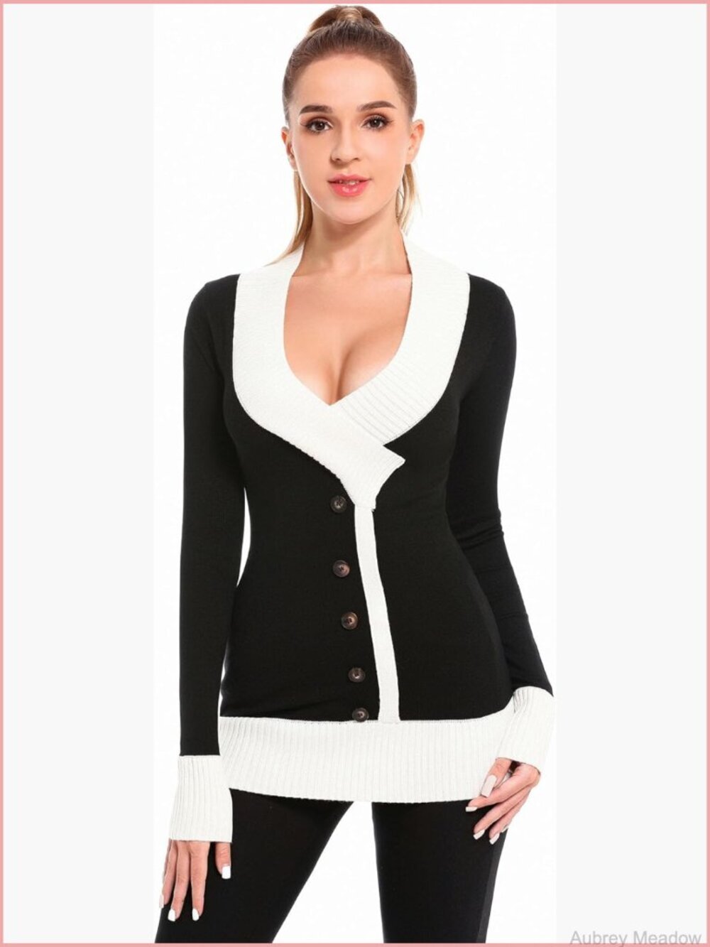 V-Neck Faux Wrap Color Trim Sweater Tunic Top Long Sleeve